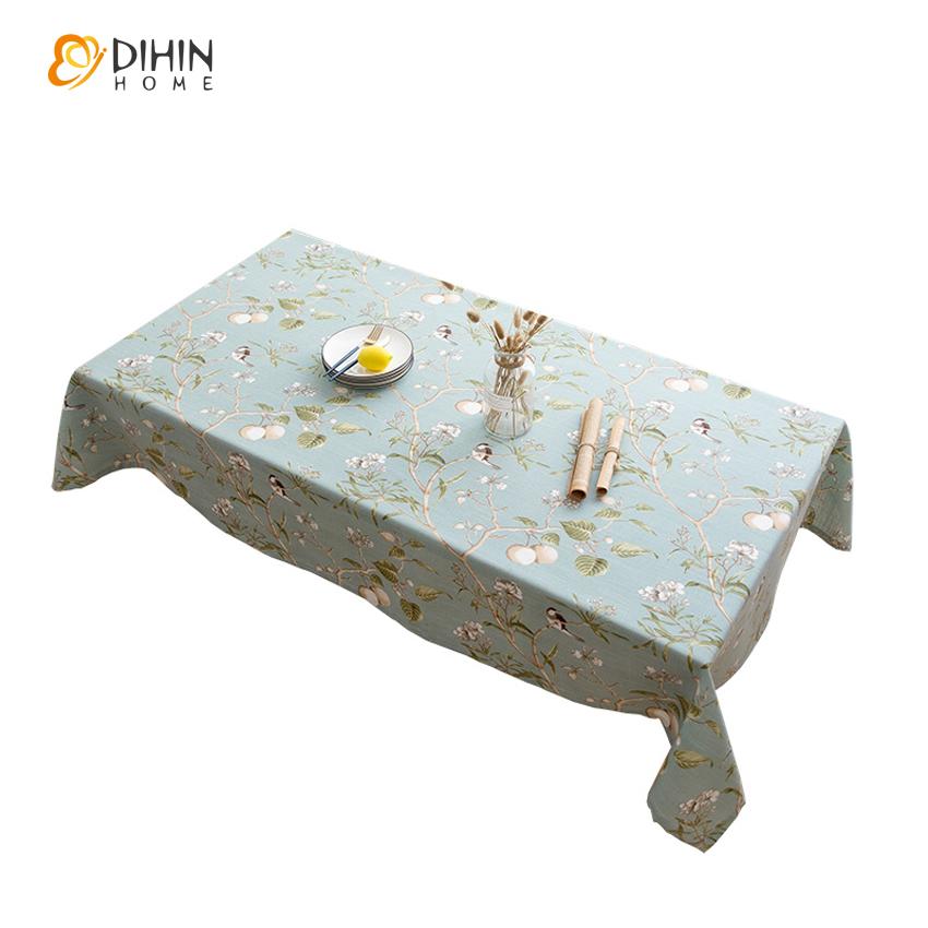 DIHINHOME Home Textile Tablecloth DIHIN HOME Pastoral Blue Fabric Bird and Flower Printed Tablecloth For Rectangle Tables,Custom Washed Linen Tablecloth,Handmade Rectangle Table Cover