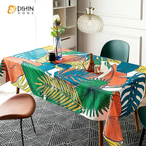 DIHINHOME Home Textile Tablecloth DIHIN HOME Pastoral Colorful Banana Leaves Printed Tablecloth For Rectangle Tables,Custom Washed Linen Tablecloth,Handmade Rectangle Table Cover