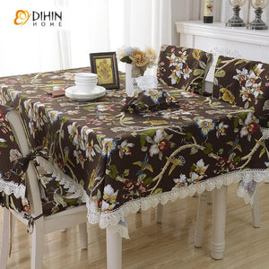 DIHINHOME Home Textile Tablecloth DIHIN HOME Pastoral Dark Coffee Flowers and Birds Printed Tablecloth With White Lace For Rectangle Tables,Custom Washed Linen Tablecloth,Handmade Rectangle Table Cover