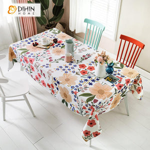 DIHINHOME Home Textile Tablecloth DIHIN HOME Pastoral Flowers Printed Tablecloth For Rectangle Tables,Custom Washed Linen Tablecloth,Handmade Rectangle Table Cover