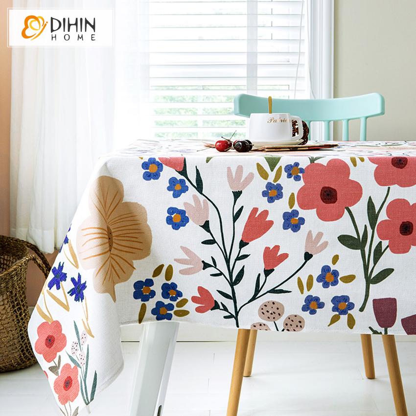 DIHINHOME Home Textile Tablecloth DIHIN HOME Pastoral Flowers Printed Tablecloth For Rectangle Tables,Custom Washed Linen Tablecloth,Handmade Rectangle Table Cover