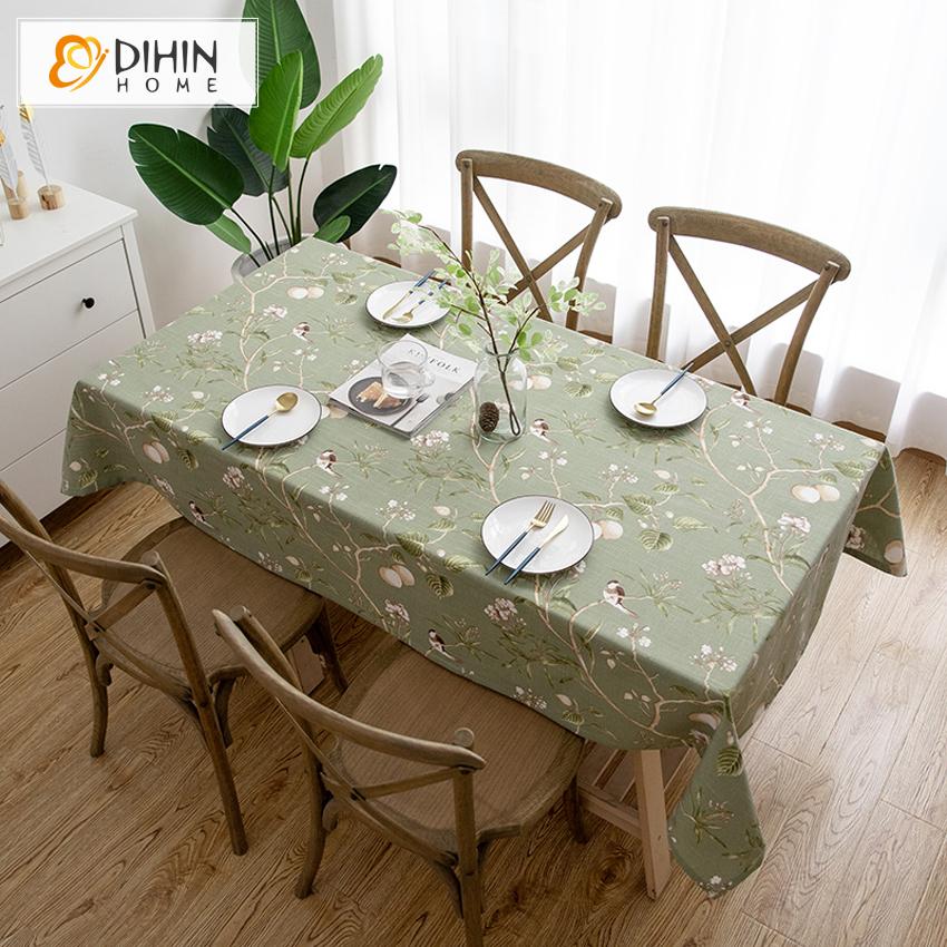 DIHINHOME Home Textile Tablecloth DIHIN HOME Pastoral Green Fabric Bird and Flower Printed Tablecloth For Rectangle Tables,Custom Washed Linen Tablecloth,Handmade Rectangle Table Cover
