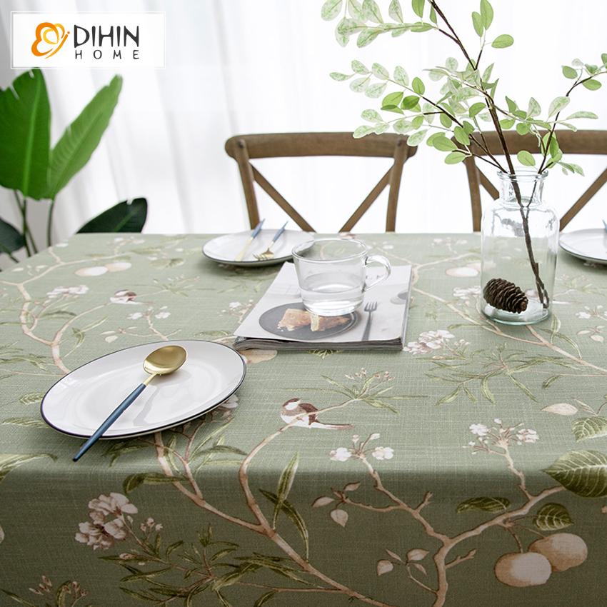 DIHINHOME Home Textile Tablecloth DIHIN HOME Pastoral Green Fabric Bird and Flower Printed Tablecloth For Rectangle Tables,Custom Washed Linen Tablecloth,Handmade Rectangle Table Cover
