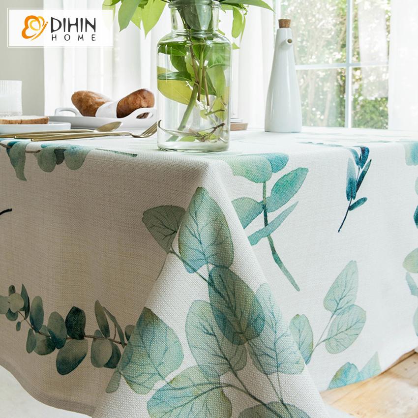 DIHINHOME Home Textile Tablecloth DIHIN HOME Pastoral Green Leaves Printed Tablecloth For Rectangle Tables,Custom Washed Linen Tablecloth,Handmade Rectangle Table Cover