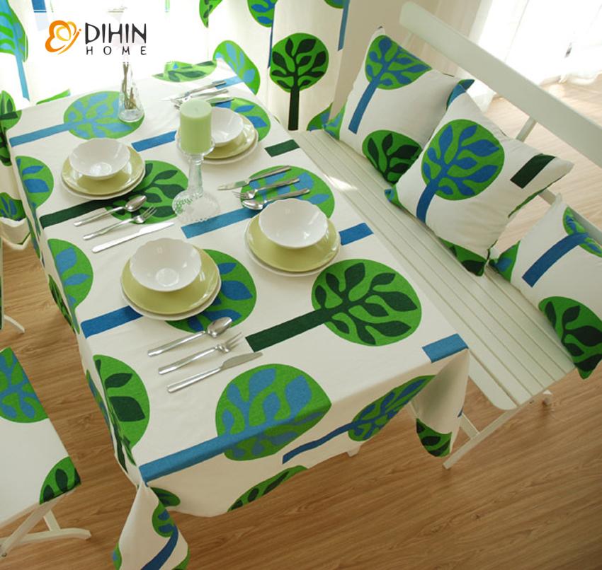 DIHINHOME Home Textile Tablecloth DIHIN HOME Pastoral Green Trees Printed Tablecloth For Rectangle Tables,Custom Washed Linen Tablecloth,Handmade Rectangle Table Cover
