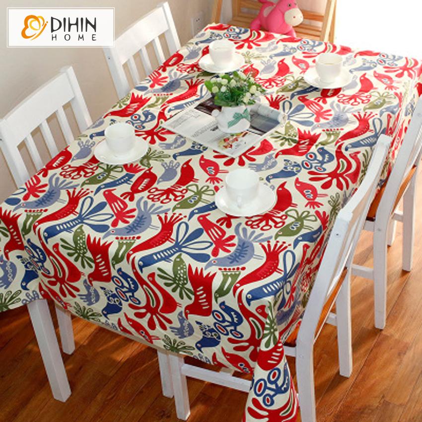 DIHINHOME Home Textile Tablecloth DIHIN HOME Pastoral Red Birds Printed Tablecloth For Rectangle Tables,Custom Washed Linen Tablecloth,Handmade Rectangle Table Cover