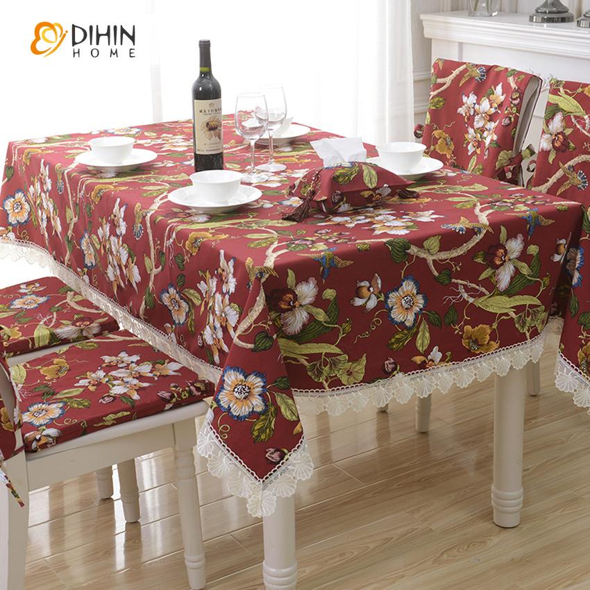 DIHINHOME Home Textile Tablecloth DIHIN HOME Pastoral Rose Red Flowers and Birds Printed Tablecloth With White Lace For Rectangle Tables,Custom Washed Linen Tablecloth,Handmade Rectangle Table Cover