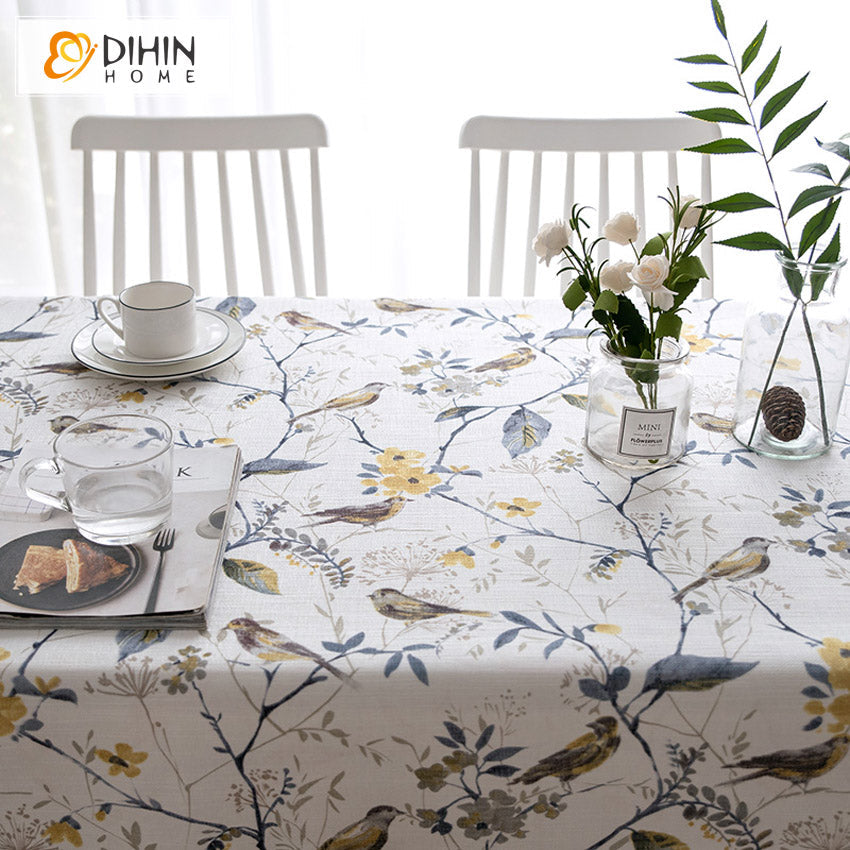 DIHINHOME Home Textile Tablecloth DIHIN HOME Pastoral White Color Bird and Tree Printed Tablecloth For Rectangle Tables,Custom Washed Linen Tablecloth,Handmade Rectangle Table Cover