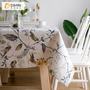DIHINHOME Home Textile Tablecloth DIHIN HOME Pastoral White Color Bird and Tree Printed Tablecloth For Rectangle Tables,Custom Washed Linen Tablecloth,Handmade Rectangle Table Cover