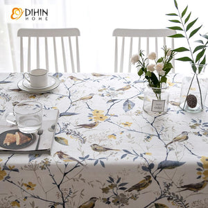 DIHINHOME Home Textile Tablecloth DIHIN HOME Pastoral White Fabric Bird and Flower Printed Tablecloth For Rectangle Tables,Custom Washed Linen Tablecloth,Handmade Rectangle Table Cover