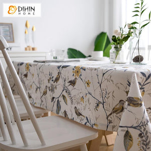 DIHINHOME Home Textile Tablecloth DIHIN HOME Pastoral White Fabric Bird and Flower Printed Tablecloth For Rectangle Tables,Custom Washed Linen Tablecloth,Handmade Rectangle Table Cover