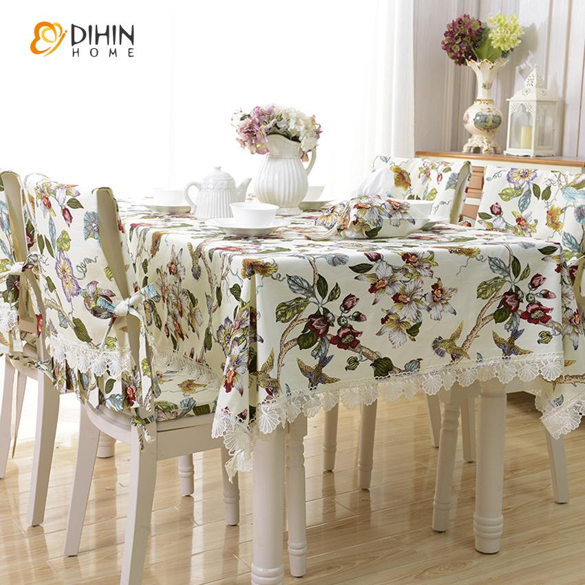 DIHINHOME Home Textile Tablecloth DIHIN HOME Pastoral White Flowers and Birds Printed Tablecloth With White Lace For Rectangle Tables,Custom Washed Linen Tablecloth,Handmade Rectangle Table Cover