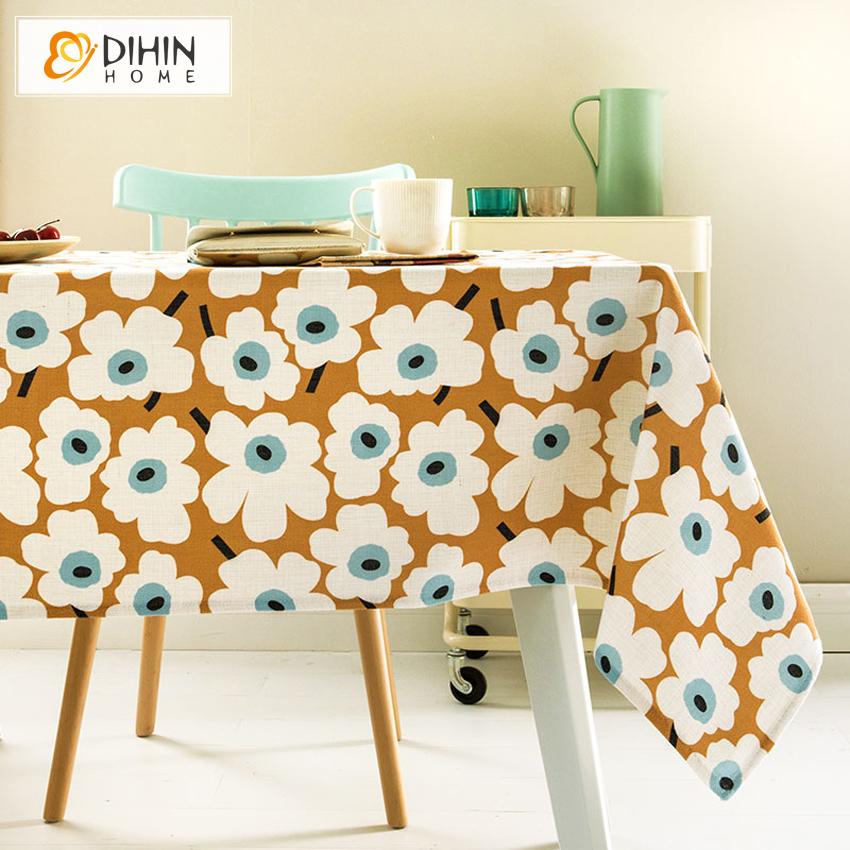 DIHINHOME Home Textile Tablecloth DIHIN HOME Pastoral White Flowers Printed Tablecloth For Rectangle Tables,Custom Washed Linen Tablecloth,Handmade Rectangle Table Cover
