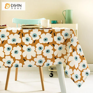 DIHINHOME Home Textile Tablecloth DIHIN HOME Pastoral White Flowers Printed Tablecloth For Rectangle Tables,Custom Washed Linen Tablecloth,Handmade Rectangle Table Cover
