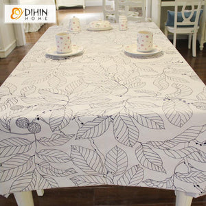DIHINHOME Home Textile Tablecloth DIHIN HOME Pastoral White Leaves Printed Tablecloth For Rectangle Tables,Custom Washed Linen Tablecloth,Handmade Rectangle Table Cover