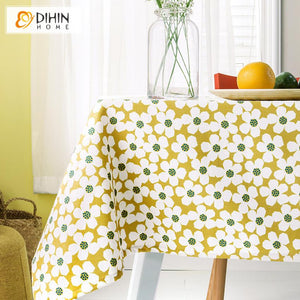 DIHINHOME Home Textile Tablecloth DIHIN HOME Pastoral Yellow Color White Flowers Printed Tablecloth For Rectangle Tables,Custom Washed Linen Tablecloth,Handmade Rectangle Table Cover