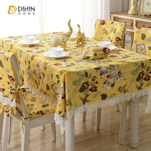 DIHINHOME Home Textile Tablecloth DIHIN HOME Pastoral Yellow Flowers and Birds Printed Tablecloth With White Lace For Rectangle Tables,Custom Washed Linen Tablecloth,Handmade Rectangle Table Cover