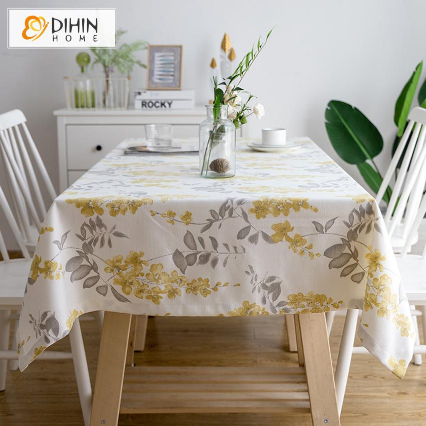 DIHINHOME Home Textile Tablecloth DIHIN HOME Pastoral Yellow Flowers Printed Tablecloth For Rectangle Tables,Custom Washed Linen Tablecloth,Handmade Rectangle Table Cover