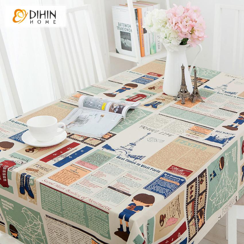 DIHINHOME Home Textile Tablecloth DIHIN HOME Retro Newspaper Balloons Printed Tablecloth For Rectangle Tables,Custom Washed Linen Tablecloth,Handmade Rectangle Table Cover