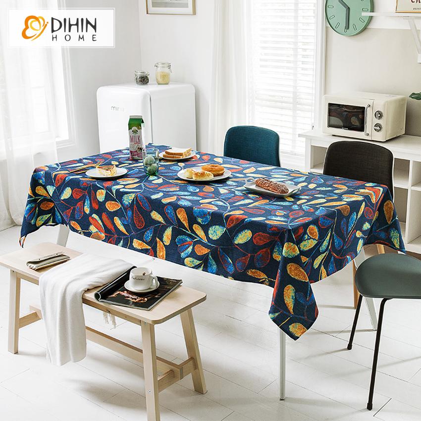 DIHINHOME Home Textile Tablecloth DIHIN HOME Retro Pastoral Blue Leaves Printed Tablecloth For Rectangle Tables,Custom Washed Linen Tablecloth,Handmade Rectangle Table Cover