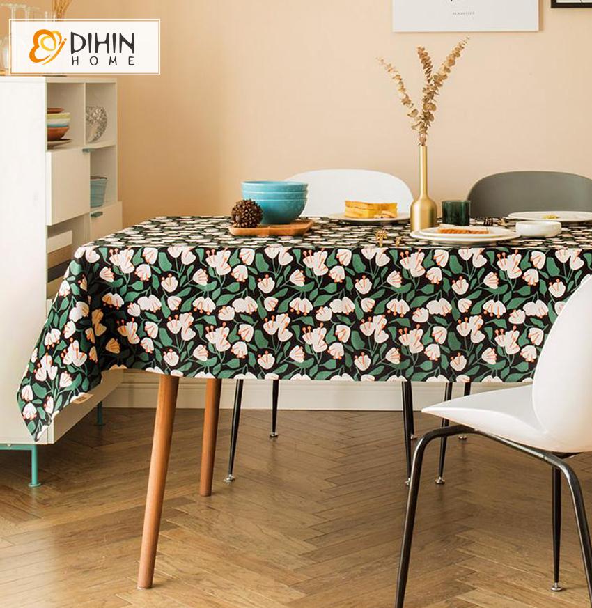 DIHINHOME Home Textile Tablecloth DIHIN HOME Vintage Garden Flowers Printed Tablecloth For Rectangle Tables,Custom Washed Linen Tablecloth,Handmade Rectangle Table Cover